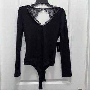 NWT Lulus Open Back, Lac Detailed, Ribbed Fabric Black Longsleeve Bodysuit